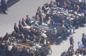 (Man, not only can the Sharks just not win anything this year, they have to sit beside the guys that beat them for the Cup! Damn, I love the Hockey Gods!) 