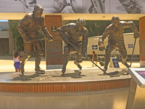 (The statues of the French Connection line. Rick Martin, Gilbert Perreault & Rene Robert)