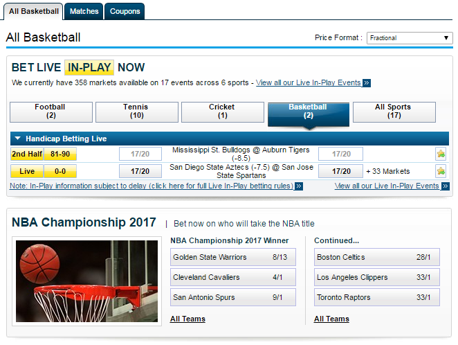 NBA basketball betting page at William Hill